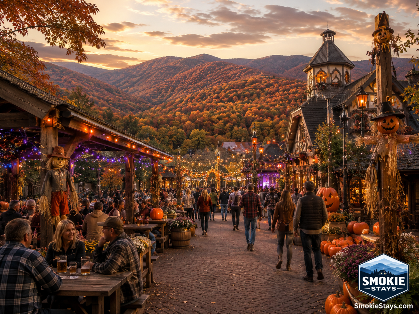 Guests enjoy craft beers and Bavarian food at a decorated outdoor fall festival on a mountaintop in Gatlinburg, with Smoky Mountain fall foliage blazing in the background during Anakeesta's Bear-Varian Fall Festival.