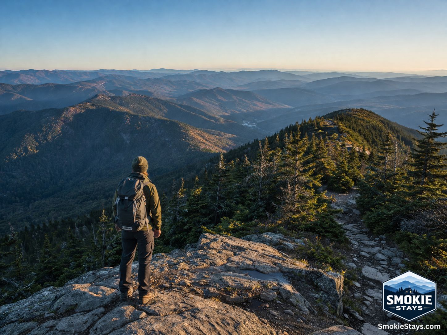A hiker stands at a rocky overlook on a high ridge in Great Smoky Mountains National Park, looking out over layered forested mountain ridges fading into the blue haze of the Appalachians.