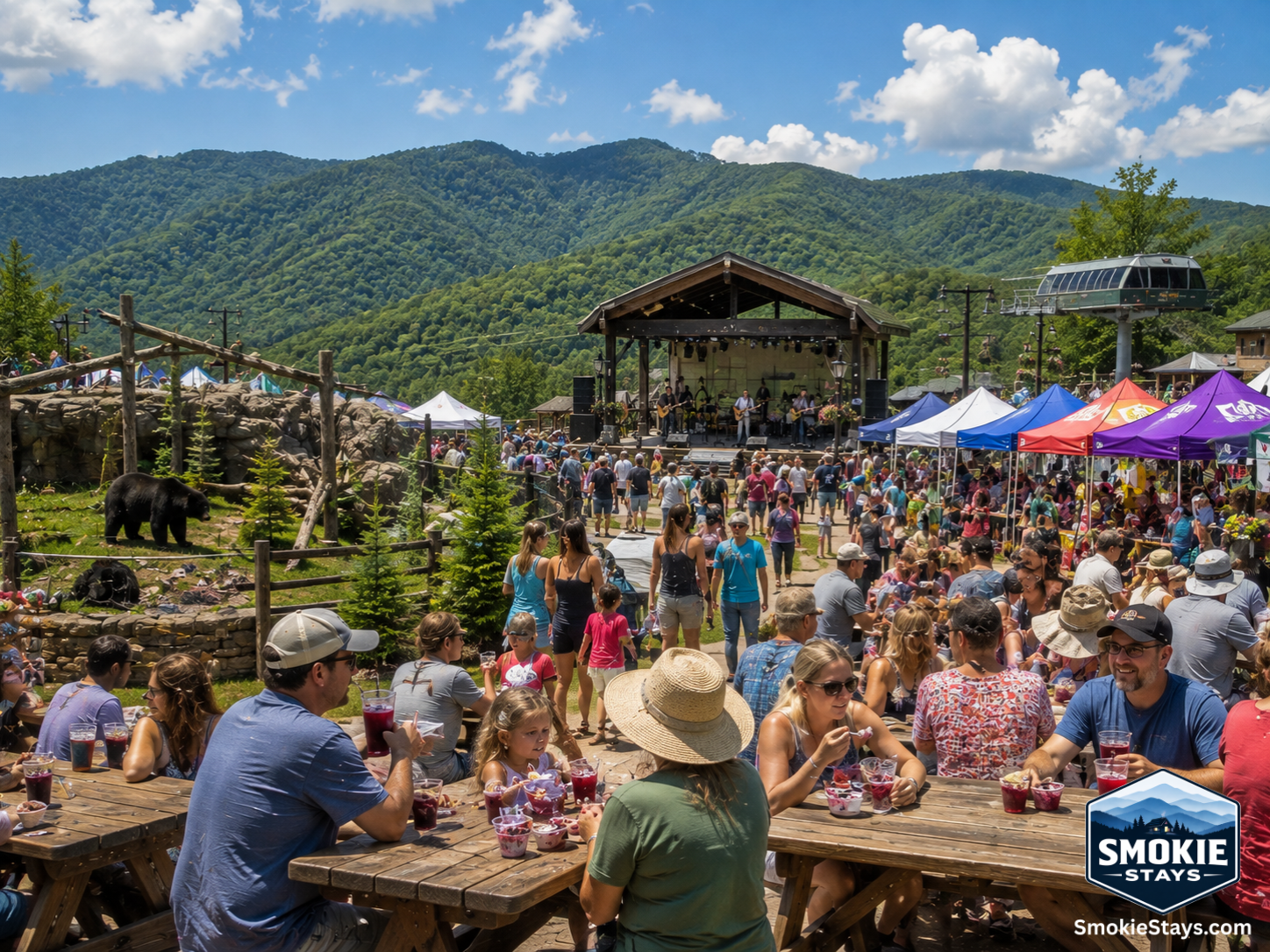 Guests enjoy berry-inspired food and live music at the Black Bear & Berry Jam Festival at Ober Mountain in Gatlinburg, Tennessee, with the Great Smoky Mountain ridgeline visible in the background on a warm summer afternoon.