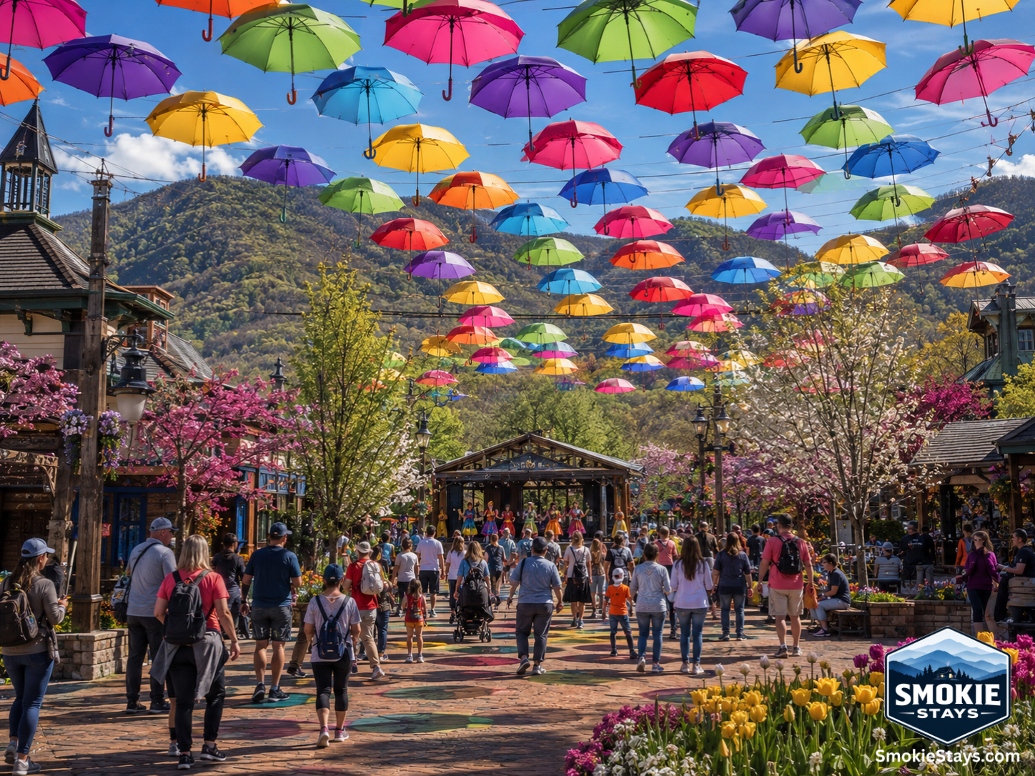 Colorful suspended umbrellas create a rainbow canopy over guests walking through Dollywood's I Will Always Love You Spring Festival, with flowering trees and the Smoky Mountain ridgeline visible in the background.