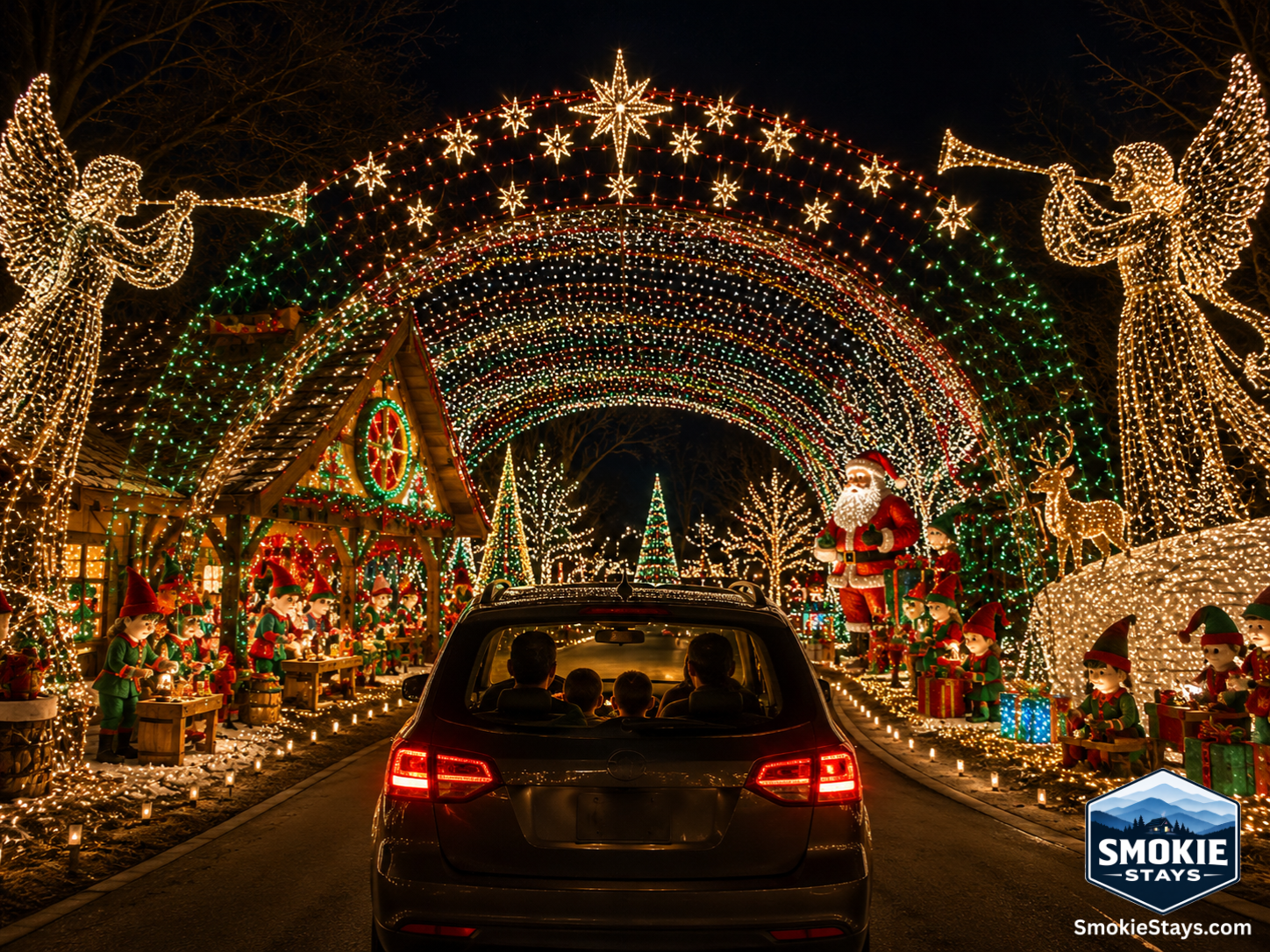 A car drives through a tunnel of thousands of synchronized twinkling Christmas lights at Shadrack's Christmas Wonderland drive-through light show in Sevierville, Tennessee, with illuminated holiday displays on both sides of the route.