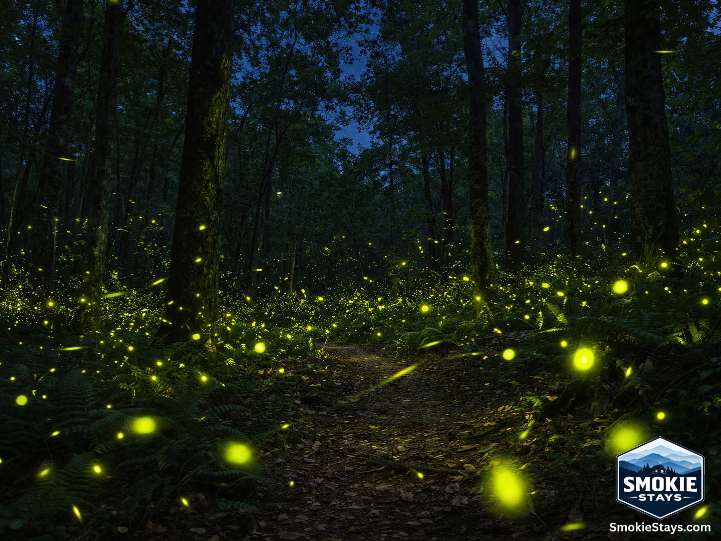 Hundreds of synchronous fireflies create coordinated waves of bioluminescent light in the dark old-growth forest at Elkmont in Great Smoky Mountains National Park during the annual late May viewing event.