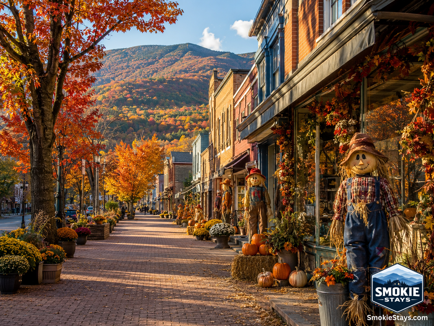 A downtown Gatlinburg street decorated with life-size scarecrows, pumpkin displays, and harvest arrangements during the Smoky Mountain Harvest Festival, with fall foliage color on the mountain ridgeline in the background.