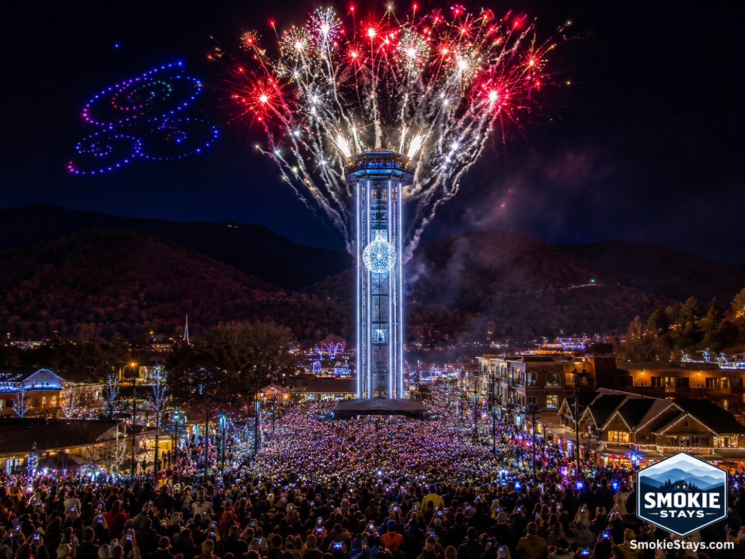 A massive illuminated LED ball descends the Gatlinburg Space Needle at midnight as fireworks explode from the rooftop above a crowd of thousands celebrating New Year's Eve on the Parkway below.