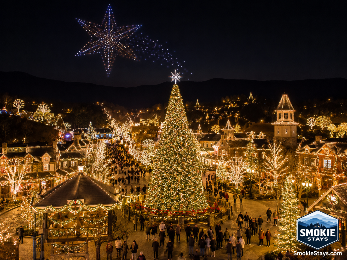A theme park transformed into a dazzling Christmas wonderland at night with six million twinkling lights covering every tree and building, a towering Christmas tree at the center, and a choreographed drone display in the sky above the Smoky Mountains.