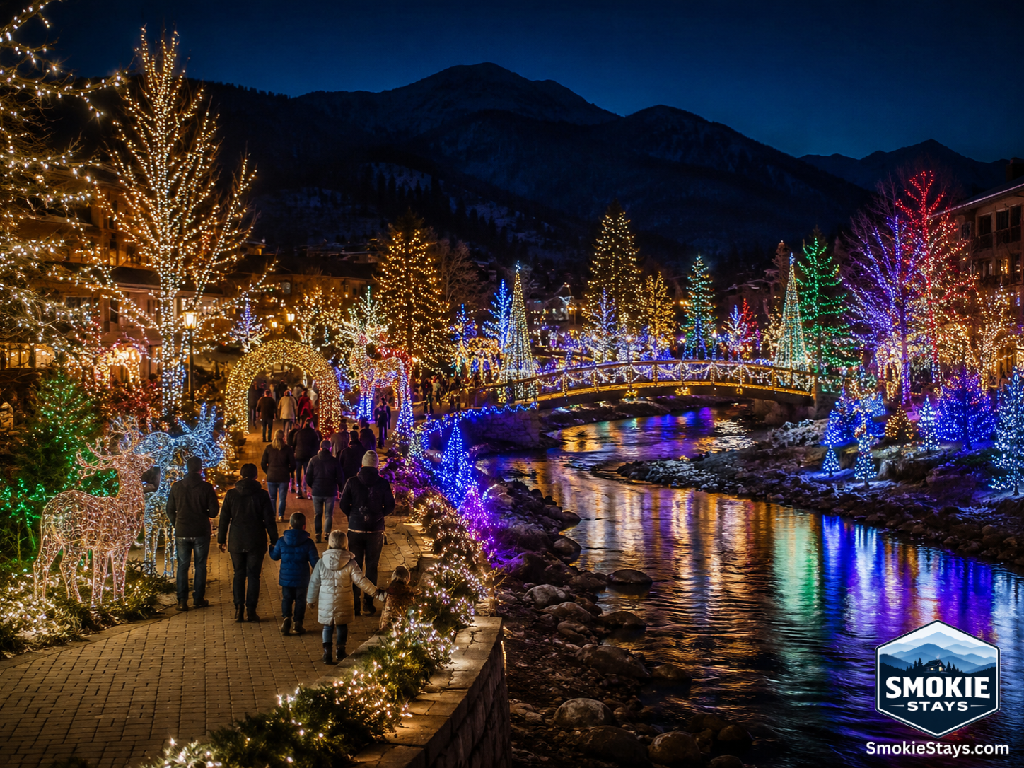 Millions of holiday lights illuminate the Riverwalk walking trail in Pigeon Forge, Tennessee during Winterfest, with a light-covered bridge crossing the river and families strolling the path at night.