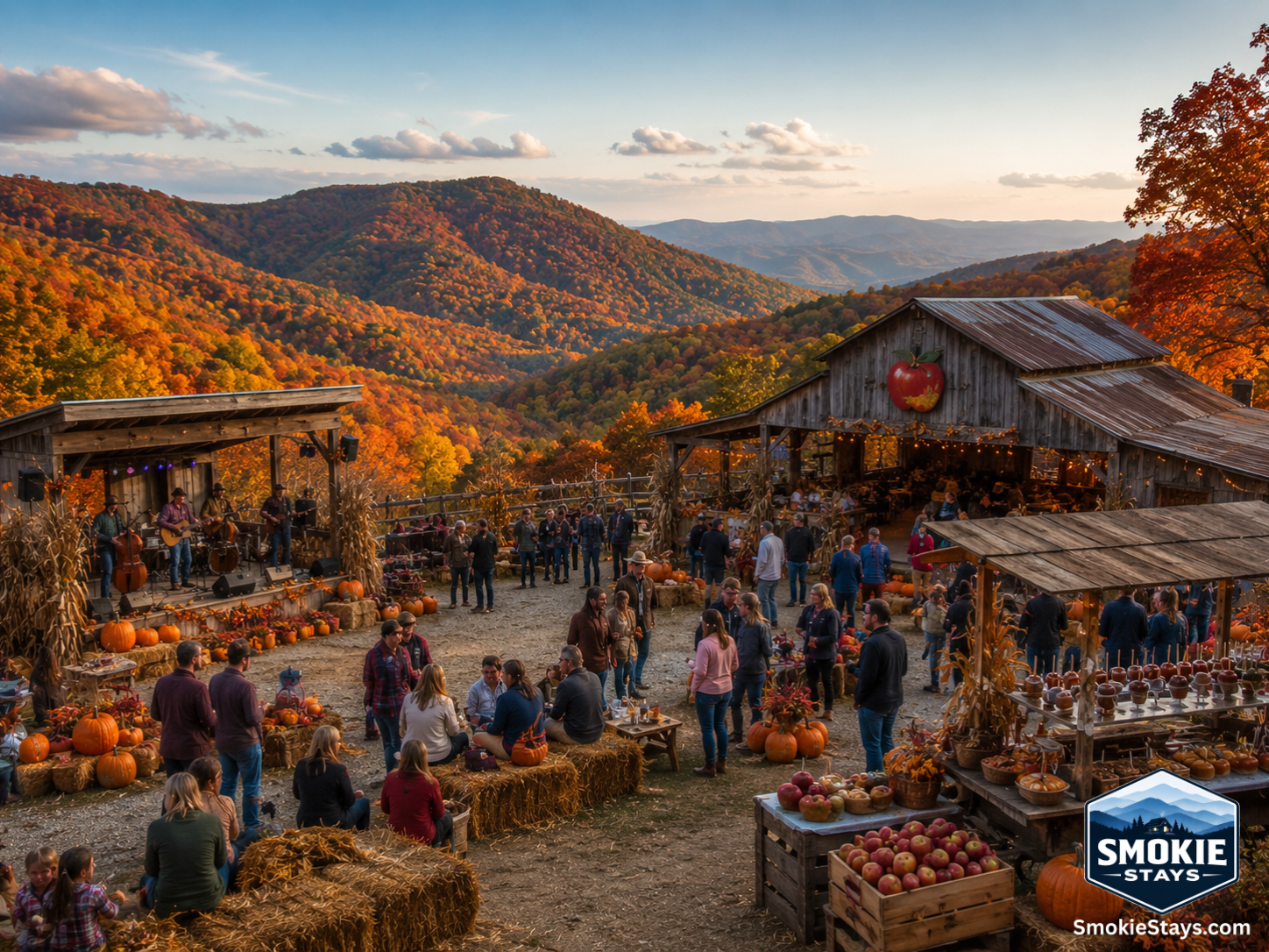 Guests enjoy caramel apples and seasonal food at a western-themed harvest festival on a mountaintop ranch in Sevierville, Tennessee, with Smoky Mountain ridgelines covered in fall foliage stretching across the background.