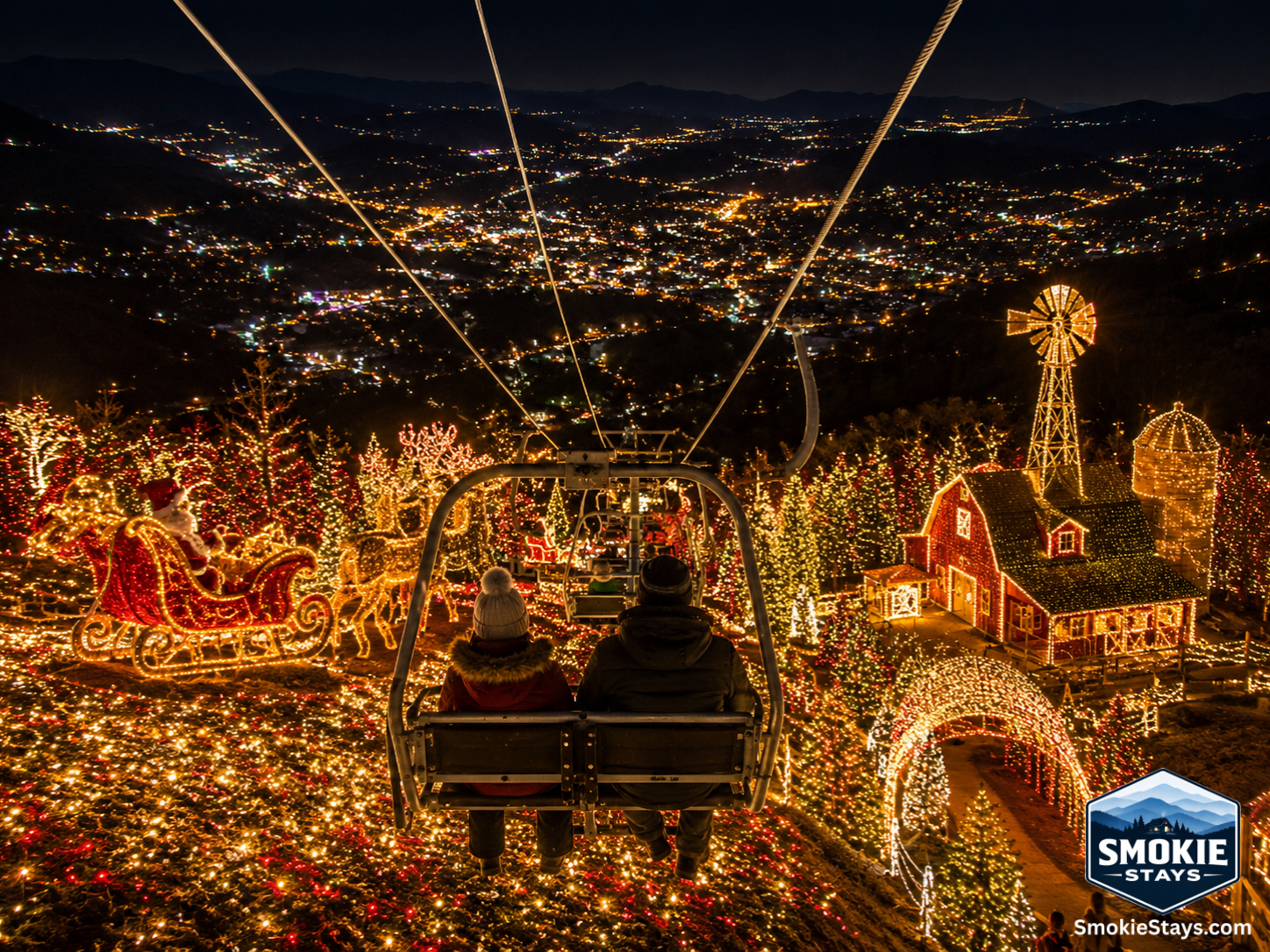 Two guests ride an open chairlift through over a million twinkling Christmas lights during the SkyLand Ranch Festival of Lights in Sevierville, Tennessee, with themed holiday displays below and the valley lights of Sevierville visible in the distance.
