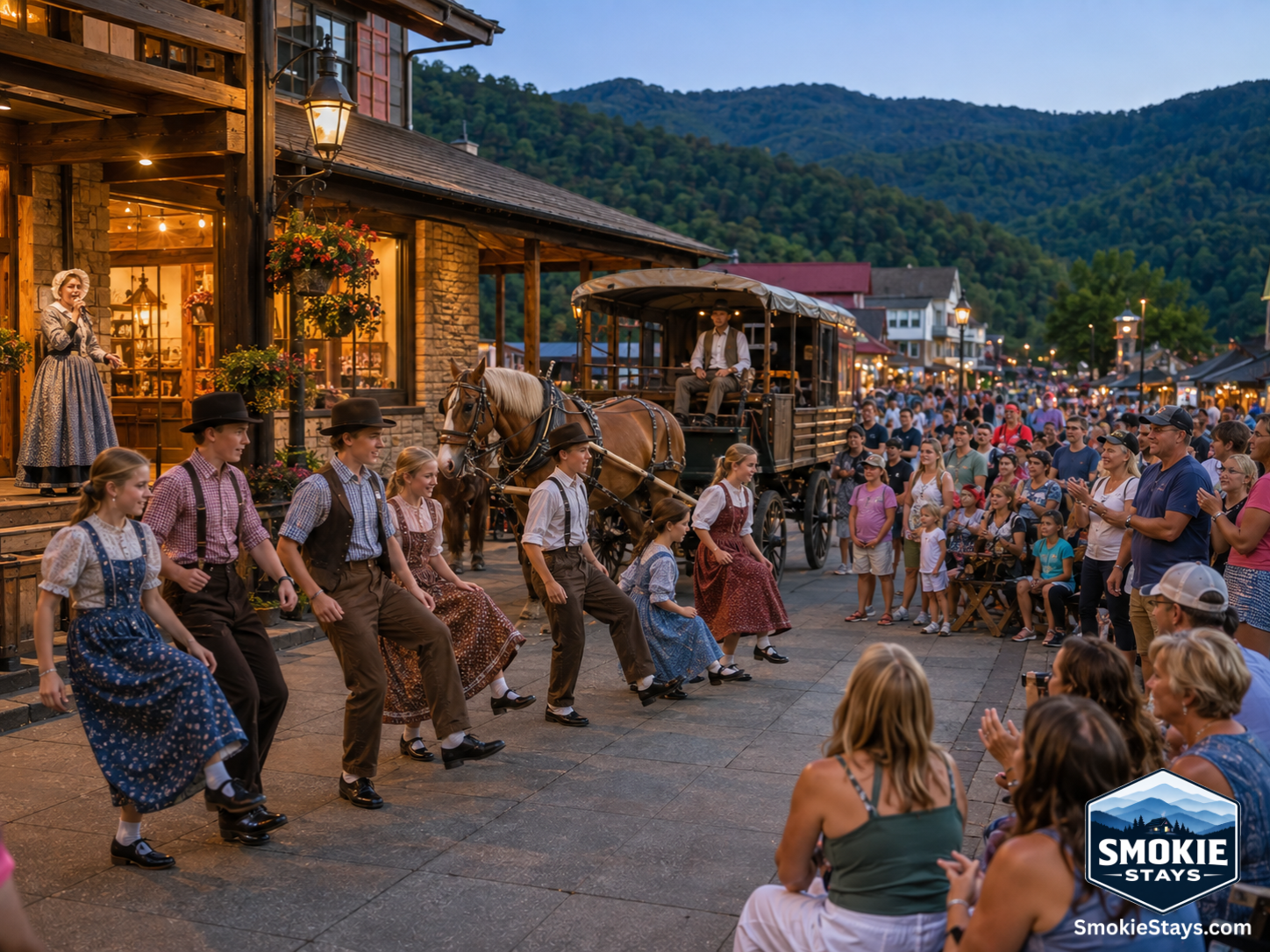 Young cloggers in period Appalachian costumes perform traditional clogging on the Gatlinburg Parkway sidewalk during Smoky Mountain Tunes & Tales, with tourists watching and a horse-drawn wagon visible in the background on a warm summer evening.