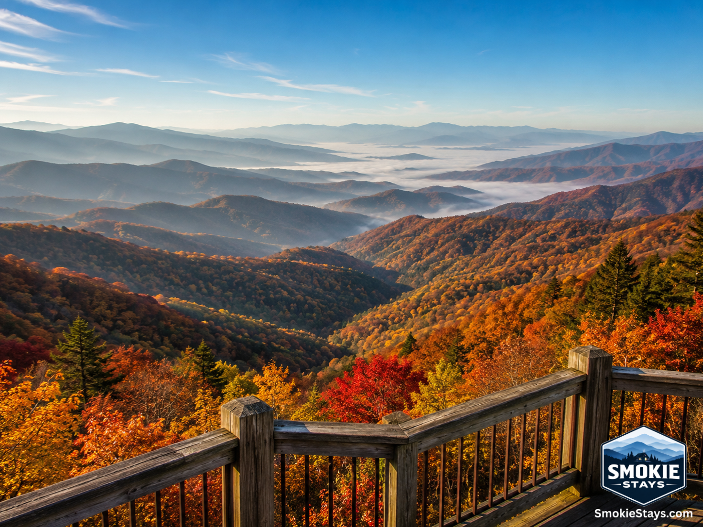 Layered mountain ridges covered in vibrant red, orange, and gold autumn foliage stretch into the distance at a scenic overlook in the Great Smoky Mountains.