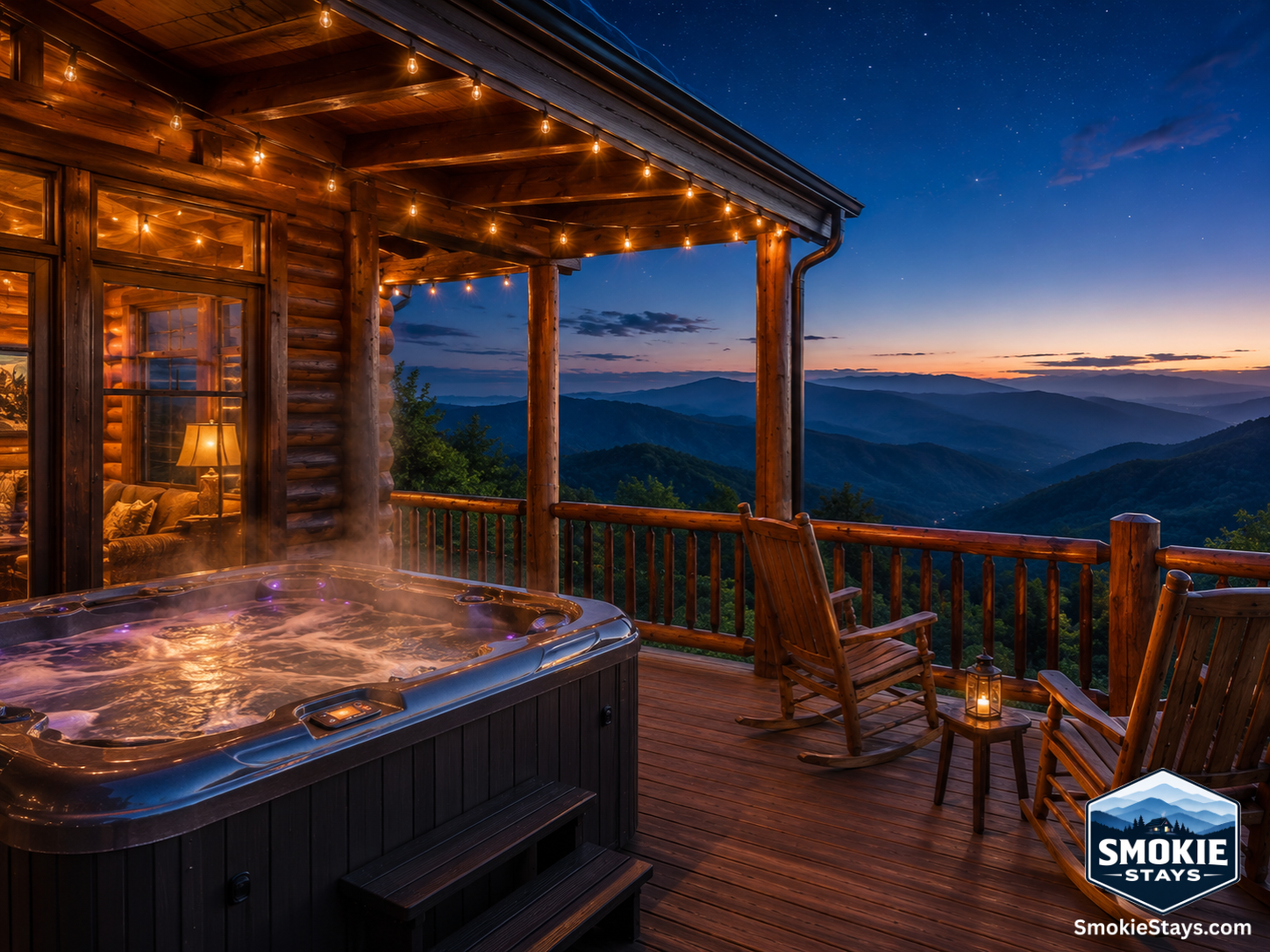A luxury log cabin deck in the Smoky Mountains features a steaming outdoor hot tub and wooden rocking chairs overlooking a sweeping panoramic view of the Appalachian mountain ridgeline at dusk.