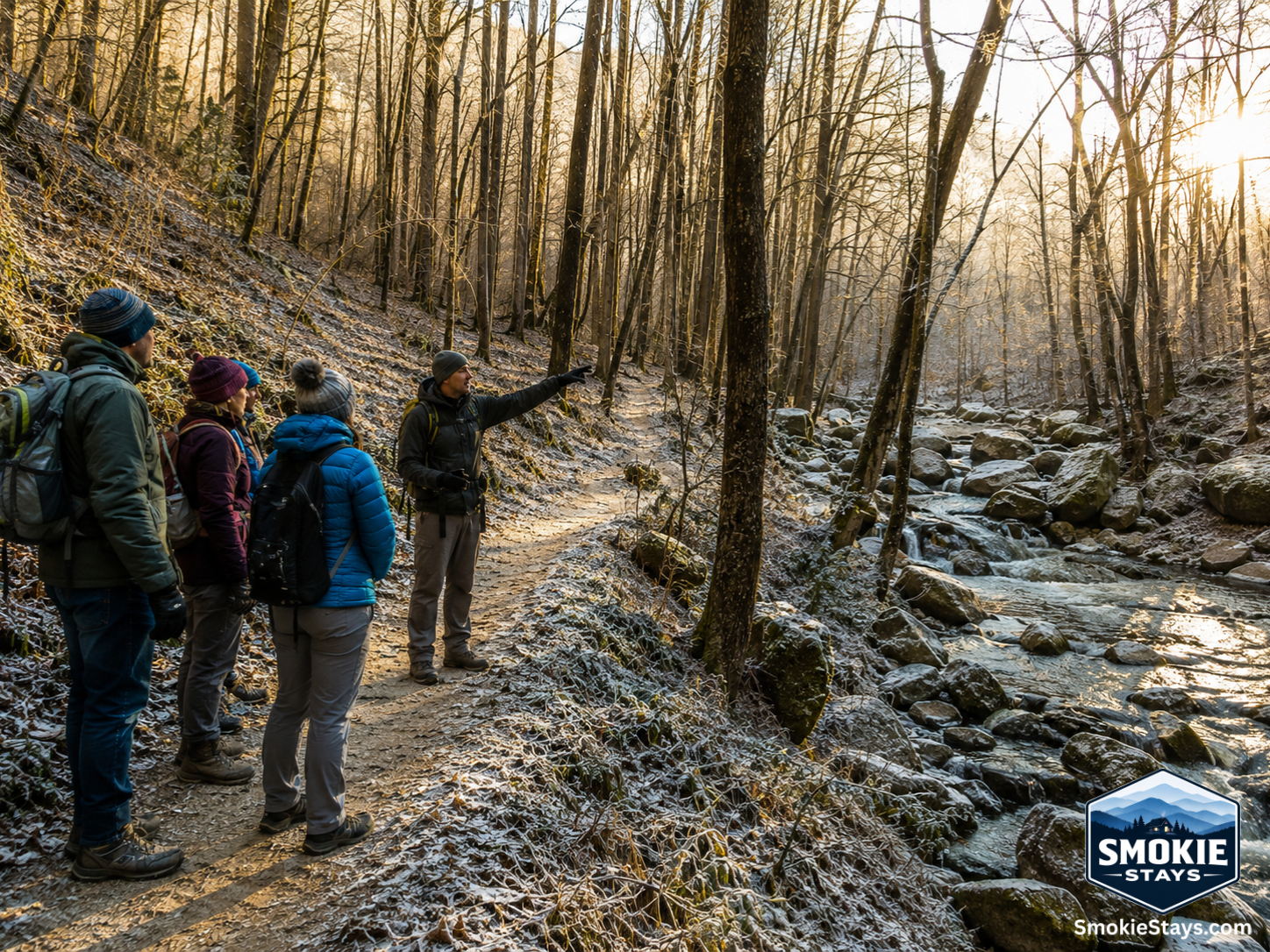 A small group of nature enthusiasts follows a guided winter hike through the bare hardwood forest of Great Smoky Mountains National Park during Wilderness Wildlife Week in Pigeon Forge, Tennessee.