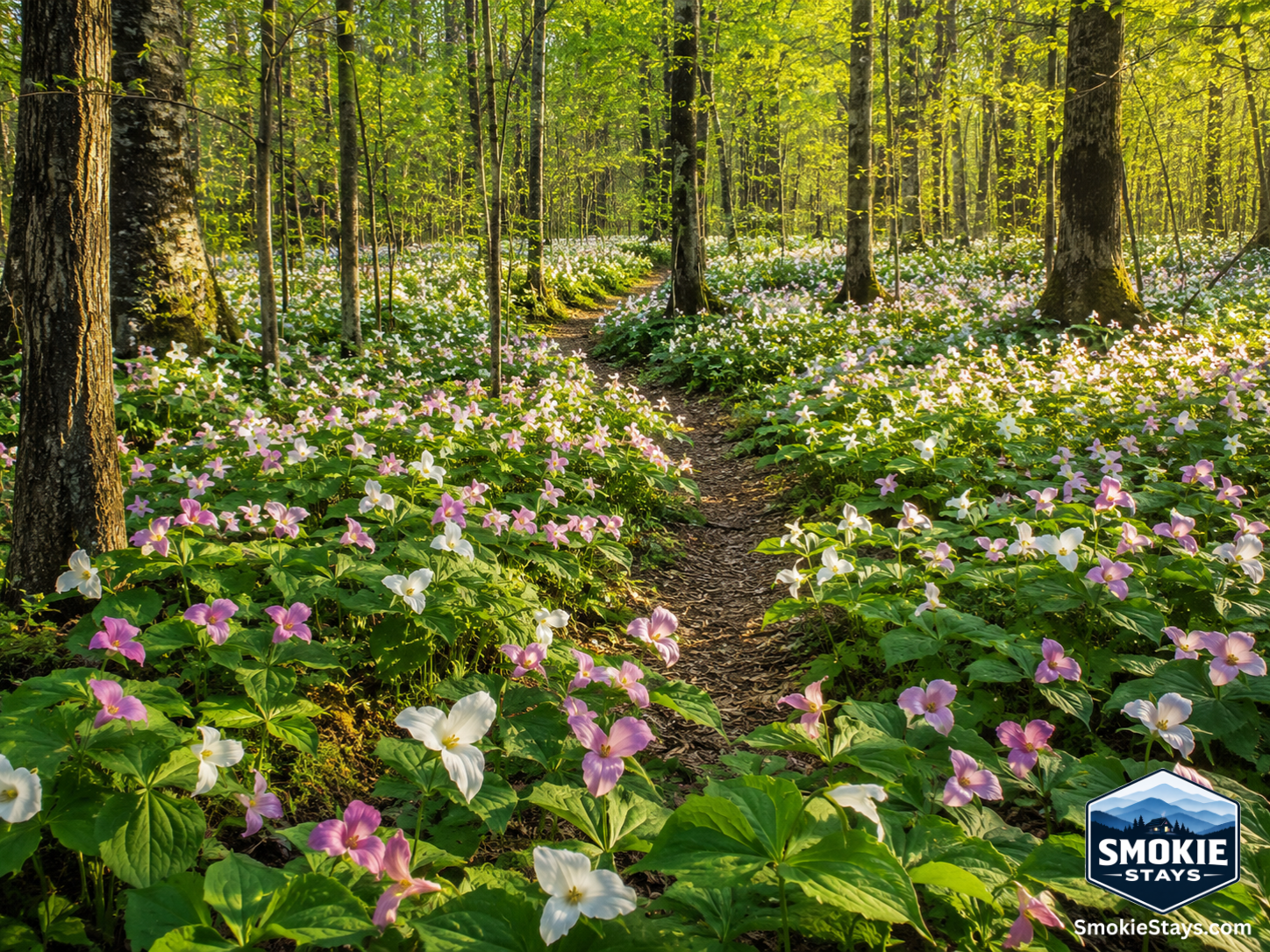 A forest floor carpeted with thousands of white and pink trilliums in full spring bloom stretches between tall hardwood trees in Great Smoky Mountains National Park, with soft morning light filtering through the canopy above.